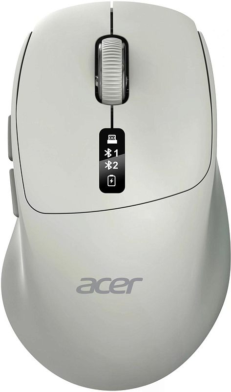 Фото-1 Беспроводная мышь Acer OMR503, вид сверху; на фото светло-серый корпус, белое колесо прокрутки и центральный индикатор режимов с пиктограммами USB, Bluetooth 1, Bluetooth 2 и зарядки; основное изображение товара для страницы модели.