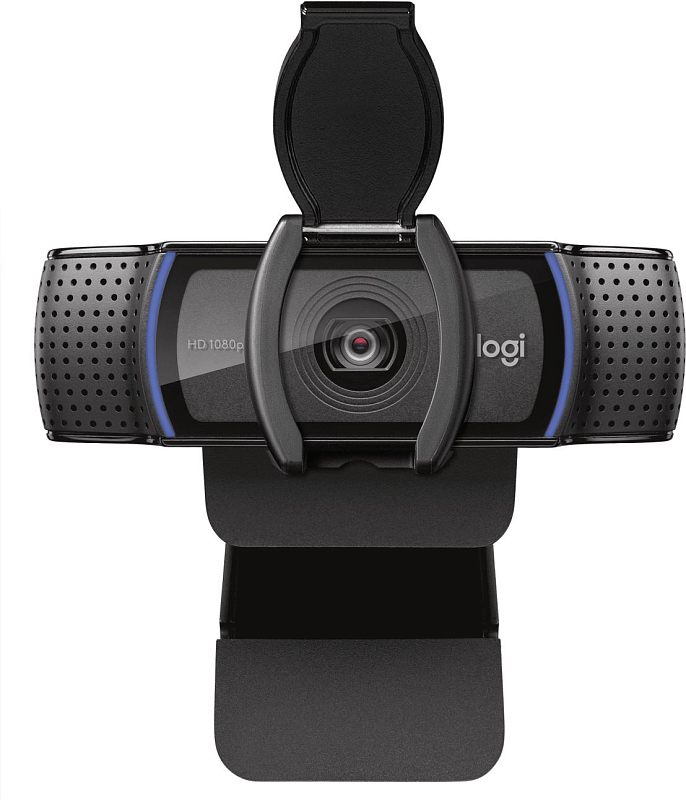 Фото-1 Веб-камера Logitech C920e — фронтальный вид: объектив по центру, логотип logi справа, перфорированные боковые панели, крышка приватности поднята вверх, корпус чёрный с синими вставками