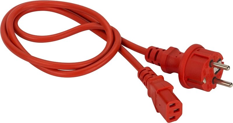 Фото-1 Кабель питания Lanmaster IEC 320 C13 — Schuko CEE 7, 0,5 м (LAN-PP13-SH-0.5-RD): общий вид, красный кабель в петлях, показаны вилка Schuko и разъём IEC C13; литые корпуса и ребристая разгрузка у ввода кабеля, на белом фоне для определения типа разъёмов питания