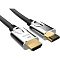 Фото-3 Видео кабель VCOM HDMI M/HDMI M CG862 1,5 м, крупный план двух HDMI-разъёмов под боковым углом; серебристые корпуса с маркировкой 8K, чёрная оболочка и чёрные контактные ряды внутри коннектора, для страницы товара с акцентом на исполнение штекеров.