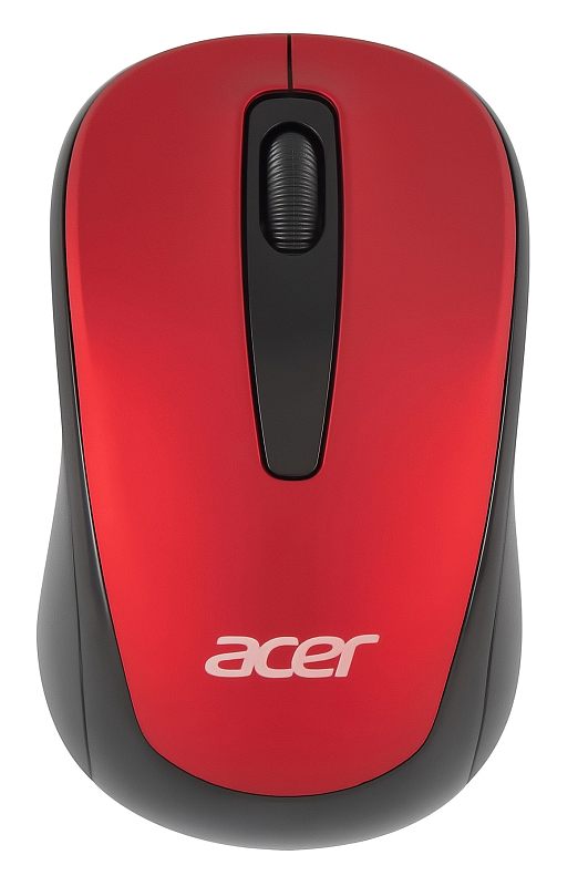 Фото-1 Беспроводная мышь Acer OMR136, вид сверху на корпус; на фото видны основные кнопки, колесо прокрутки и двухцветный корпус, цвет красный с чёрным; изображение показывает базовую форму и цветовую схему модели, что важно для карточки товара.