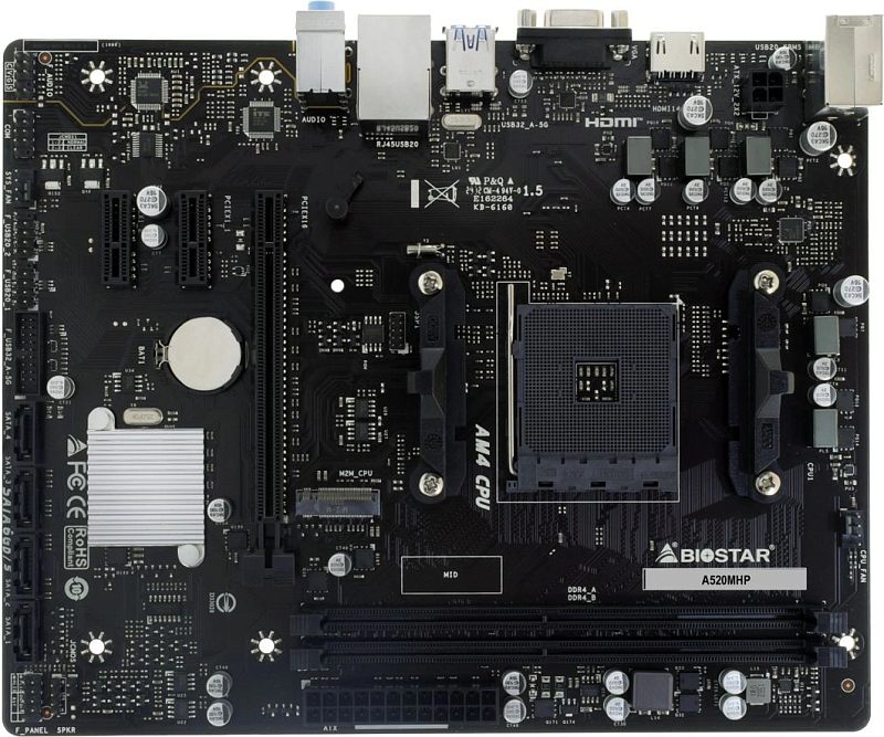 Фото-1 Материнская плата Biostar A520MHP, вид сверху; чёрная PCB, сокет AM4, два слота DDR4, серебристый радиатор чипсета и слоты PCIe; фото помогает рассмотреть компоновку платы и расположение разъёмов для сборки ПК.