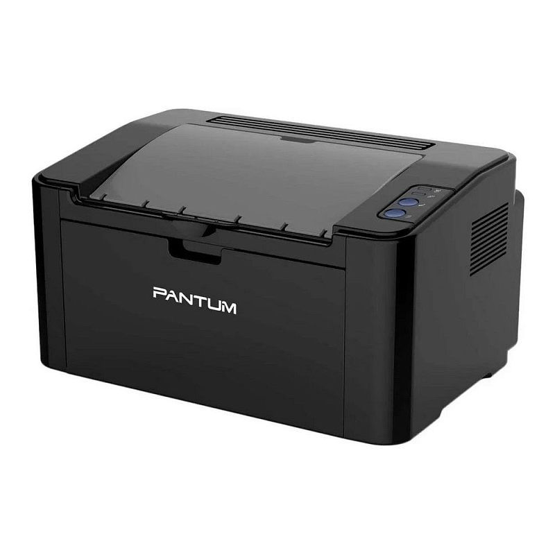 Фото-1 Принтер Pantum P2516, вид спереди справа; сверху выходной лоток, справа на верхней панели две круглые кнопки и индикаторы, на правой стороне вентиляционные прорези; чёрный корпус на белом фоне, для визуальной идентификации модели на странице товара.