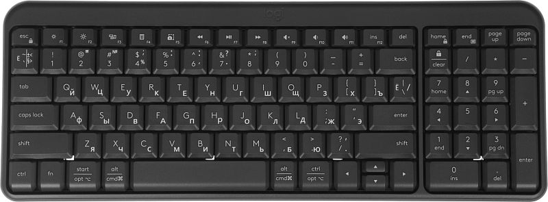 Фото-1 Клавиатура Logitech K251, вид спереди сверху на чёрную беспроводную клавиатуру с цифровым блоком; видны полноразмерная раскладка, низкопрофильные клавиши и отдельный цифровой блок справа. Подходит для страницы товара, чтобы показать общую раскладку и формат клавиатуры.