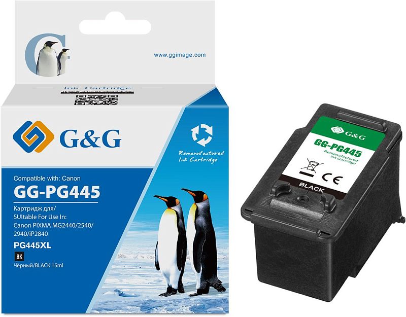 Фото-1 Картридж G&G GG-PG445, комплект с упаковкой и картриджем на белом фоне; синяя коробка с маркировкой GG-PG445 и изображением пингвинов стоит рядом с чёрным картриджем с зелёно-белой этикеткой BLACK, на корпусе видны направляющие и контактная зона, объём 15 мл; фото важно для страницы товара, потому что показывает внешний вид совместимого струйного картриджа и его коробки.