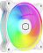 Фото-2 Корпусный вентилятор Cooler Master MasterFan MF120 Halo2, вид под углом; белая рамка, видна толщина корпуса, многоцветная подсветка лопастей и кольца, световая полоса на боковой грани.