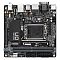 Фото-3 Материнская плата Gigabyte H610I DDR4, фронтальный вид платы сверху: чёрная mini-ITX плата с сокетом LGA1700, двумя слотами памяти, длинным радиатором чипсета и четырьмя SATA-портами; изображение показывает плотную компоновку для подбора корпуса и комплектующих.