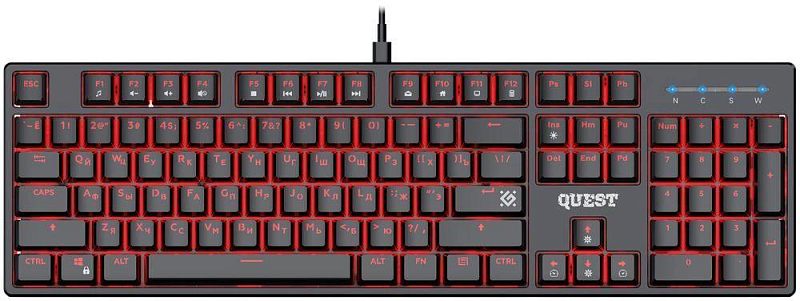 Фото-1 Механическая клавиатура Defender Quest GK-596, вид сверху спереди; полноразмерная раскладка с цифровым блоком, чёрный корпус и чёрные клавиши с красной подсветкой по контуру, проводное подключение; изображение показывает общий внешний вид модели для карточки товара.