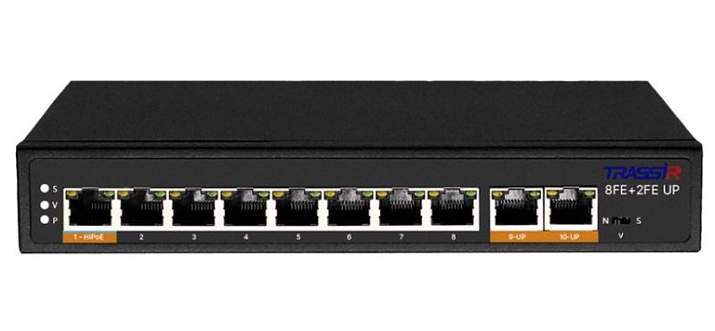 Фото-1 TRASSIR TR-NS1110-120-8PoE, фронтальный вид: чёрный коммутатор с 8 портами RJ-45, двумя uplink-портами справа и маркировкой 8FE+2FE UP на лицевой панели, на белом фоне для карточки товара; показывает число и тип портов для выбора модели.