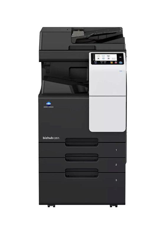 Фото-1 МФУ Konica Minolta bizhub C257i (ACVD021), фронтальный вид: верхний автоподатчик, панель управления с экраном справа, три секции лотков с маркировкой уровней; тёмно-серый корпус со светлой передней панелью — показывает общий вид устройства на странице товара.