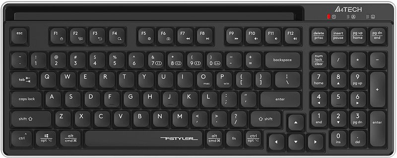 Фото-1 Клавиатура A4Tech Fstyler FBX70C, вид спереди сверху; полноразмерная чёрная клавиатура с цифровым блоком, закруглёнными клавишами и широкой встроенной подставкой в верхней части, справа видны световые индикаторы; фото показывает основной вид товара для карточки.
