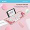 Фото-7 Клавиатура A4Tech FBK30 Raspberry в демонстрации встроенной подставки; планшет установлен в длинный паз, видны круглые клавиши, индикаторы и компактный корпус, цвет светло-розовый с белыми и коралловыми кнопками. Изображение для карточки товара показывает сценарий размещения мобильного устройства.