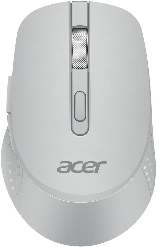 Фото-1 Беспроводная мышь Acer OMR310, вид сверху. На фото светло-серый корпус с фактурным металлическим колесом, продолговатой кнопкой за колесом, логотипом Acer и перфорированными боковинами; кадр показывает цветовое исполнение и верхнюю компоновку модели.