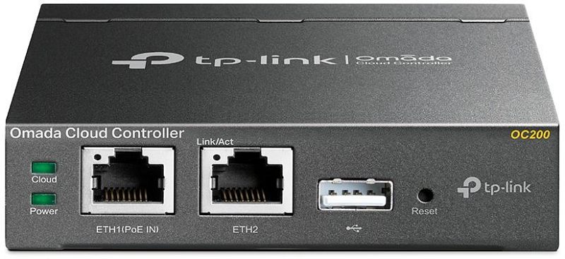 Фото-1 Аппаратный контроллер TP-Link Omada OC200, фронтальный крупный план. На фото тёмно-серый металлический корпус, два порта Ethernet ETH1 и ETH2, USB-порт, кнопка Reset и светодиоды Cloud и Power. Изображение показывает основные интерфейсы контроллера для страницы товара.