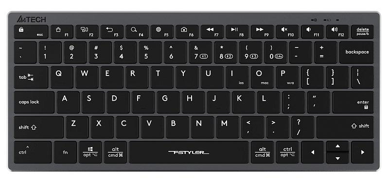 Фото-1 Клавиатура A4Tech FBX51C Grey, вид сверху; компактная беспроводная модель в графитовом корпусе с чёрными низкопрофильными клавишами, без цифрового блока и с мультимедийным рядом; изображение показывает раскладку и цвет для страницы товара.