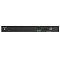 Фото-2 Коммутатор D-Link DGS-1210-28XS/ME, вид сзади на светлом фоне; показаны отверстие замка, винт заземления Switch GND, зелёный клеммный разъём RPS, тумблер питания и разъём питания IEC, корпус чёрный металлический; изображение важно для понимания питания и резервного подключения.