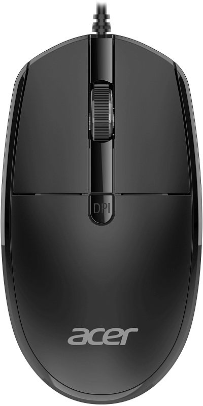 Фото-1 Проводная мышь Acer OMW401, чёрная, вид строго сверху; видны кабель, колесо прокрутки, кнопка DPI и логотип Acer на спинке; изображение для страницы товара показывает верхнюю компоновку и цвет корпуса.