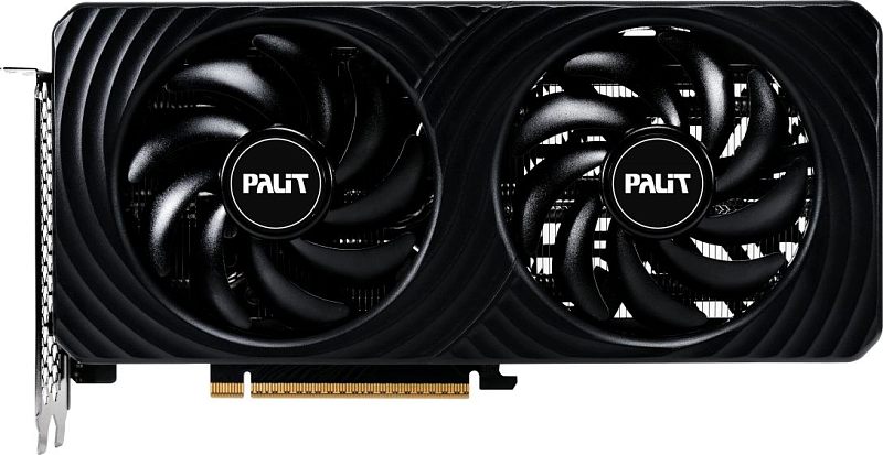 Фото-1 Видеокарта Palit GeForce RTX 5060 Ti Dual, вид спереди; на фото чёрный кожух с двумя осевыми вентиляторами Palit, волнообразная текстура лицевой панели и интерфейс PCIe, белый фон; изображение показывает фронтальную часть системы охлаждения для страницы товара.
