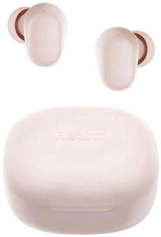 Фото-1 Наушники Xiaomi Buds 6 Play, розовые внутриканальные наушники и кейс, вид спереди; видны два наушника над закрытым кейсом, скруглённая форма корпуса и логотип Redmi на крышке; изображение показывает комплект и цвет модели на странице товара.