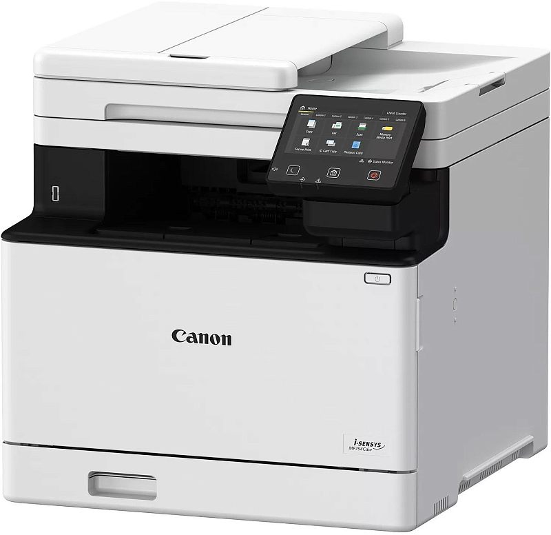 Фото-1 МФУ Canon i-SENSYS Colour MF754Cdw, ракурс спереди справа: виден автоподатчик сверху и большой сенсорный экран справа, на корпусе логотип Canon и маркировка i-SENSYS MF754Cdw; корпус белый с чёрной рабочей зоной, фото на белом фоне показывает внешний вид модели для страницы товара.