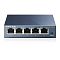 Фото-2 Коммутатор TP-Link TL-SG105, вид спереди. На фото показаны пять Ethernet-портов в один ряд, подпись модели справа и индикатор питания у левого края панели. Синий металлический корпус помогает оценить фронтальные интерфейсы на странице товара.