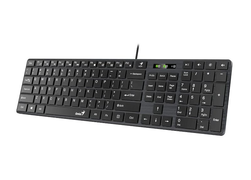 Фото-1 Мембранная клавиатура Genius SlimStar 126, вид сверху слева под углом; полноразмерная раскладка с цифровым блоком, тонкий чёрный корпус, провод выведен по центру сверху; изображение показывает общий вид и компоновку для страницы товара клавиатуры.
