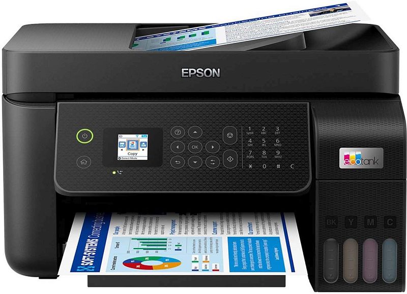 Фото-1 МФУ Epson L5290, фронтальный вид: чёрный корпус, сверху автоподатчик документов, на передней панели небольшой экран и клавиши, из выходного лотка виден цветной лист; фото показывает общий вид устройства для страницы товара МФУ.