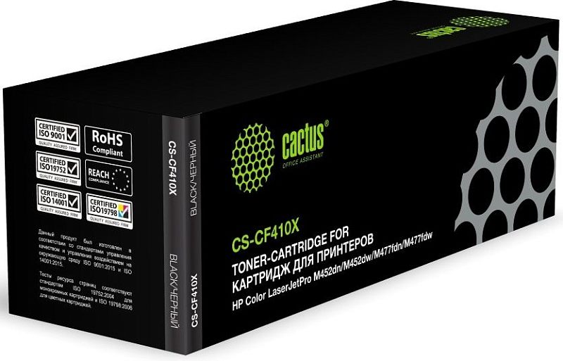 Фото-1 Тонер-картридж Cactus 410X CS-CF410X, чёрный, коробка в ракурсе спереди сбоку. Видны чёрная упаковка, зелёный логотип cactus, белая маркировка модели и боковая надпись BLACK. Фото показывает упаковку и идентификацию модели для страницы товара.