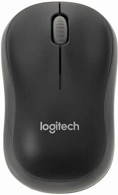 Фото-1 Беспроводная мышь Logitech M186, чёрный корпус, вид сверху; показаны две кнопки, серое колесо прокрутки и логотип Logitech, корпус симметричной формы; изображение на белом фоне для страницы товара и обзора внешнего вида.