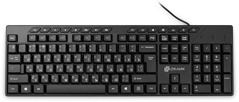 Фото-1 Клавиатура Oklick 125M, вид сверху спереди на всю раскладку. На фото чёрная мембранная клавиатура с цифровым блоком, отдельными стрелками и верхним рядом дополнительных кнопок; изображение показывает общий вид товара для страницы модели.