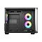 Фото-3 Корпус Ocypus Iota C50 Curve ARGB Digital Mini Tower, чёрный, вид слева на открытое шасси: через снятую боковую панель видны два фронтальных вентилятора с ARGB-подсветкой, задний вентилятор, нижний кожух блока питания и цифровой дисплей на передней кромке; помогает показать внутреннюю компоновку и расположение вентиляторов.