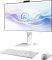 Фото-2 Моноблок MSI Modern AM273QP AI 1UM 094XRU, вид спереди под углом слева в белом цвете; видны тонкие рамки экрана, выдвижная верхняя веб-камера, прямоугольная подставка и комплектные клавиатура с мышью, что помогает оценить дизайн корпуса и настольное размещение.