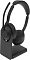 Фото-13 Наушники Jabra Evolve2 55 Link380c MS Stand, гарнитура на зарядной подставке; чёрная стойка с логотипом Jabra удерживает наушники, микрофонная штанга поднята вверх, видны мягкие амбушюры и основание док-станции; изображение показывает способ настольного размещения модели.