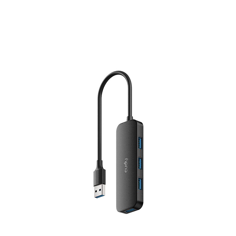Фото-1 USB-хаб Cudy UH40A, вид под углом: чёрный корпус с кабелем USB-A, на боковой стороне три порта USB-A 3.0 с синими вставками, на торце ещё один USB-A