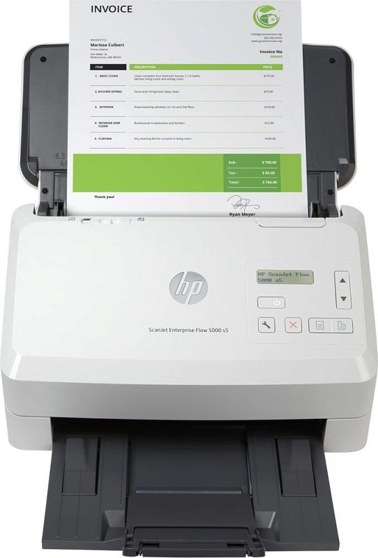 Фото-1 Сканер HP ScanJet Enterprise Flow 5000 s5, вид спереди: в верхнем лотке лист документа, на правой стороне панель с небольшим экраном и кнопками, раскрыт нижний приёмный лоток, фото показывает органы управления и лотки.