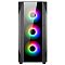Фото-5 Корпус ПК Alseye Phantom 1.0 BK, вид спереди: глянцевая фронтальная панель с тремя вентиляторами с кольцевой RGB‑подсветкой, по бокам фронта вертикальная перфорация; чёрный цвет, студийное фото на белом фоне; важно, чтобы оценить внешний вид передней панели и расположение вентиляторов.