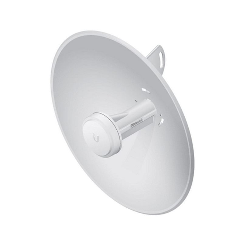 Фото-1 Точка доступа Ubiquiti PowerBeam M2 400, антенна‑тарелка на белом фоне, вид под углом: белый круглый отражатель с центральным цилиндрическим облучателем и задним кронштейном с монтажным отверстием. На фото видны элементы крепления и форма отражателя, что важно для установки уличного радиомоста и ориентации по направлению.