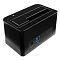 Фото-2 Док-станция для HDD/SSD Gembird HD32-U3S-4, вид сзади под углом: разъём USB (синяя вставка) и круглый разъём питания DC-IN, чёрный корпус — чтобы увидеть набор портов для подключения и питания.