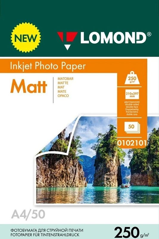 Фото-1 Фотобумага Lomond 0102101 A4 50 листов 250 г/м²: лицевая сторона «Inkjet Photo Paper Matt», оранжевый блок с плотностью и значком двусторонней печати, фото скал и воды; на белом фоне, помогает отличить двустороннюю бумагу по упаковке.