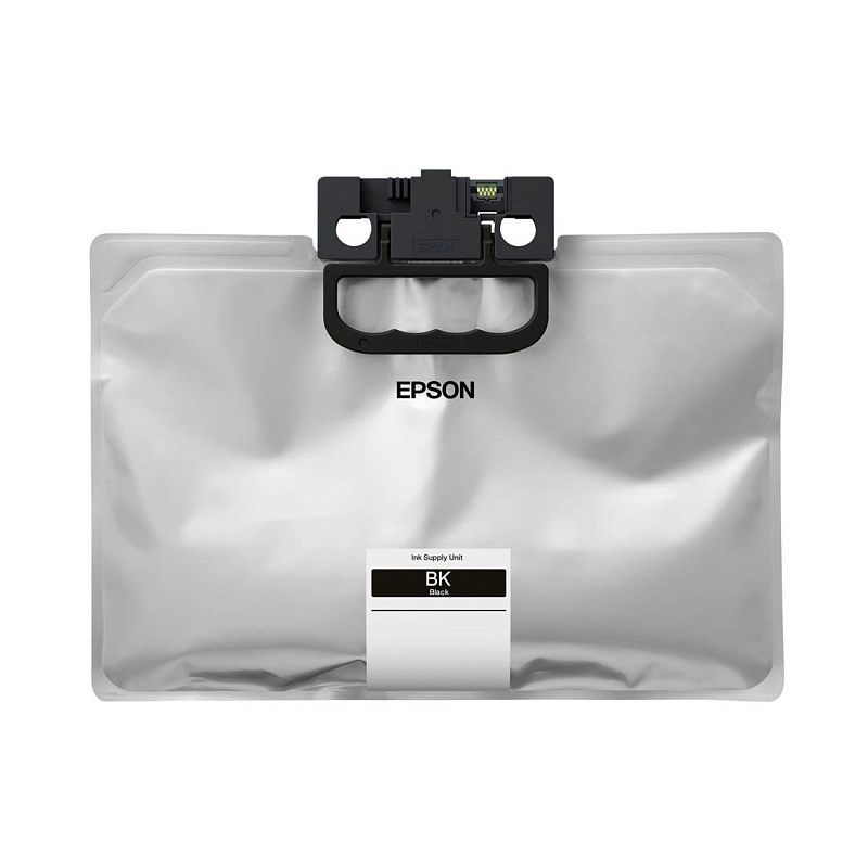 Фото-1 Картридж Epson T01D1 C13T01D100, фронтальный вид расходного пакета: серебристый мягкий пакет с чёрной ручкой-держателем, логотипом Epson и наклейкой BK Black; для страницы струйного картриджа Epson и показа конструкции ink supply unit.