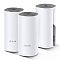 Фото-3 Беспроводной маршрутизатор TP-Link Deco E4 (Mesh, 3-pack) — три модуля под углом; один модуль развернут, видны 2 Ethernet-порта в нише; белый цвет, серый верх; на белом фоне; важно для понимания наличия портов на модуле.
