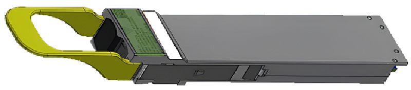 Фото-1 Трансивер NVIDIA OSFP MMS4X00‑NS400 — вид под углом; тёмно‑серый удлинённый корпус, зелёная петля‑ручка (pull tab), наклейка на верхней части; на белом фоне, показывает ручку извлечения и габариты корпуса форм‑фактора OSFP.