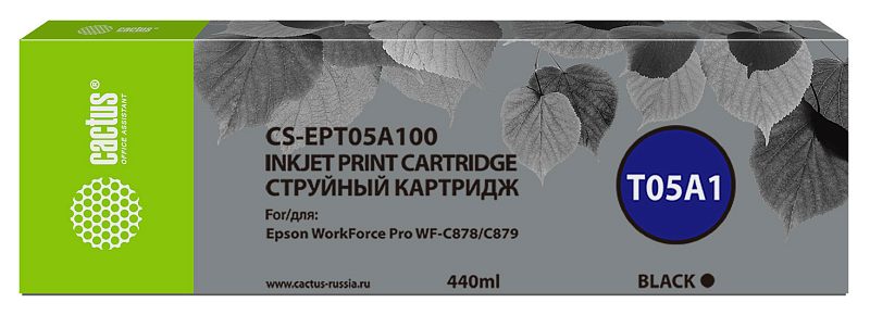 Фото-1 Струйный картридж Cactus CS-EPT05A100, Epson T05A1, вид спереди на длинную упаковку; прямоугольная коробка с серой фронтальной панелью, зелёной боковой полосой, круглой маркировкой T05A1 и объёмом 440 мл, цвет чёрный; фото на белом фоне помогает распознать модель и серию расходника в карточке товара.