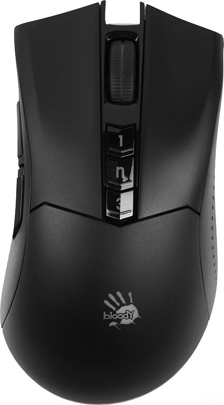 Фото-1 Беспроводная мышь A4Tech Bloody R90 Plus, вид сверху. На фото чёрный матовый корпус, колесо прокрутки без подсветки, три центральные кнопки 1, N и 3 и логотип Bloody на спинке. Изображение важно для страницы товара, потому что показывает базовый внешний вид и верхние органы управления.