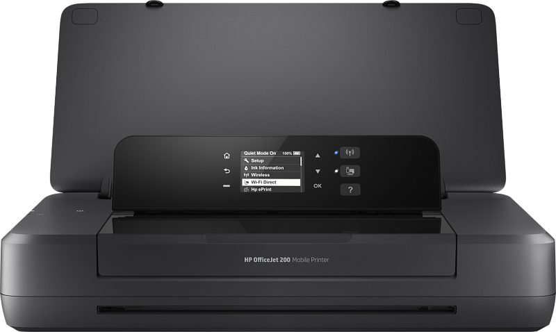 Фото-1 Портативный струйный принтер HP OfficeJet 200 (N4K99C), вид спереди с поднятой крышкой; панель управления с небольшим экраном и кнопками навигации/OK, индикатор беспроводной связи; корпус графитовый, студийный фон — показывает расположение органов управления и выходной щели подачи бумаги на странице товара.