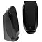 Фото-2 Компьютерные колонки Logitech S-150 2.0, вид сбоку и спереди; показан клиновидный корпус с глянцевыми боковинами, передняя сетка и боковой блок кнопок на одной из колонок; фото помогает оценить форму корпуса и расположение элементов управления на странице товара.