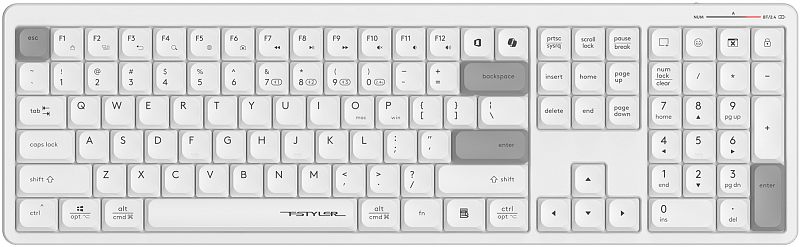 Фото-1 Клавиатура A4Tech Fstyler FBX55C, вид сверху; беспроводная полноразмерная модель в белом корпусе с серыми акцентными клавишами, цифровым блоком и индикатором батареи в правом верхнем углу; фото показывает основной внешний вид товара на странице модели.