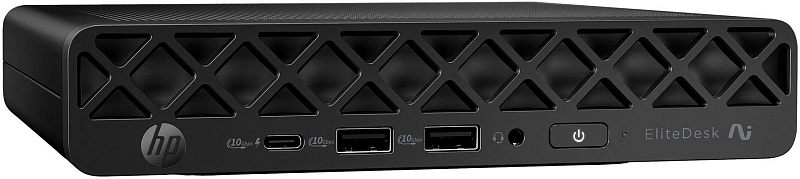 Фото-1 Неттоп HP EliteDesk 8 G1a Mini PC, фронтальный вид под небольшим углом. На фото видна передняя панель с треугольной решёткой, двумя USB-A, одним USB-C, аудиоразъёмом, кнопкой питания и логотипом HP. Изображение важно для страницы товара, потому что показывает фронтальные интерфейсы и рисунок решётки корпуса.