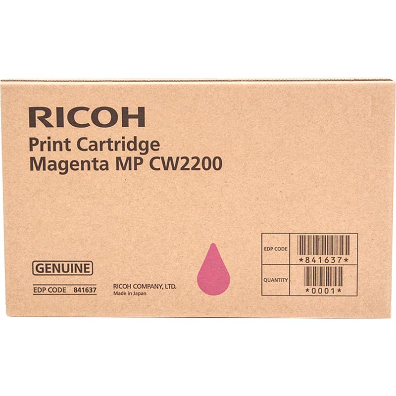 Фото-1 Струйный картридж Ricoh 841637, упаковка спереди; коричневая коробка Print Cartridge Magenta MP CW2200 с пурпурной пиктограммой капли и маркировкой EDP code, изображение помогает идентифицировать модель и цвет на странице товара.