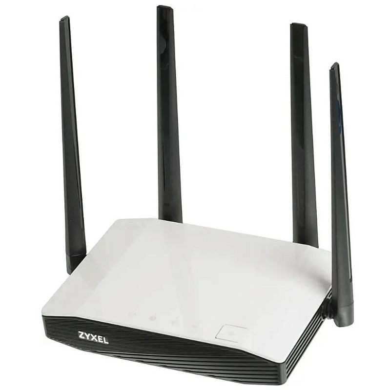Фото-1 Wi‑Fi роутер Zyxel Keenetic Extra II, ракурс спереди-сбоку: белая верхняя панель, чёрная фронтальная решётка и четыре чёрные антенны; предметное фото на белом фоне — чтобы увидеть дизайн корпуса и расположение антенн на странице товара.